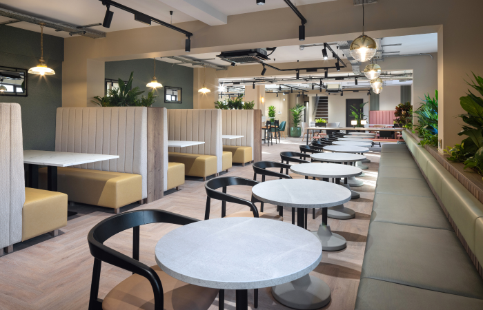 rows of cafe tables and chairs