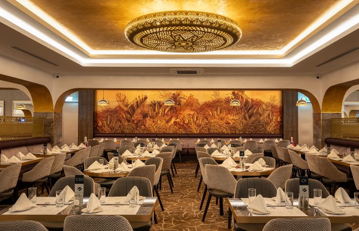 Royal Naawab Restaurant with Newmor Shagreen design and bespoke mylar mural